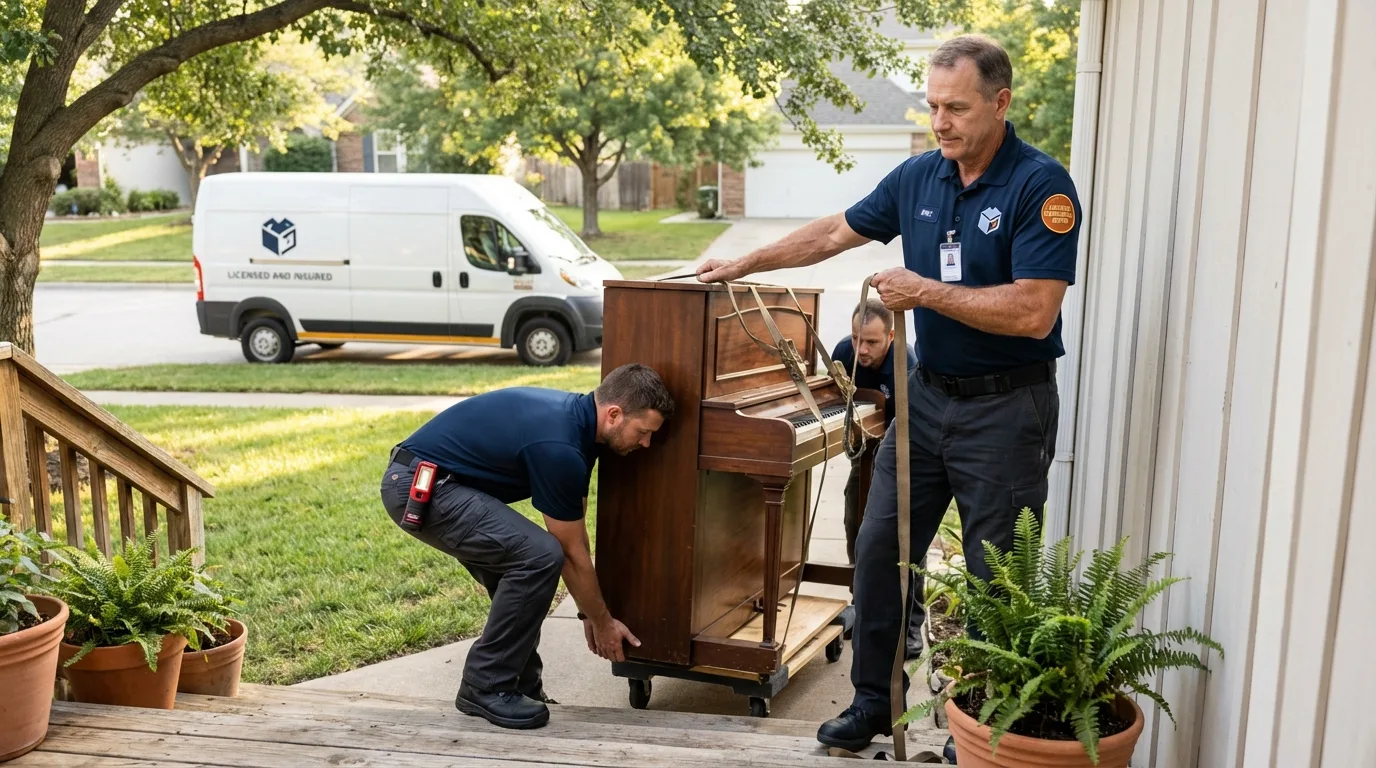 Licensed piano movers securing grand piano in East Bridgewater, MA