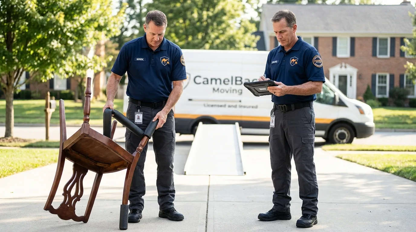 Movers inspecting furniture for damage prevention before loading in East Bridgewater, MA