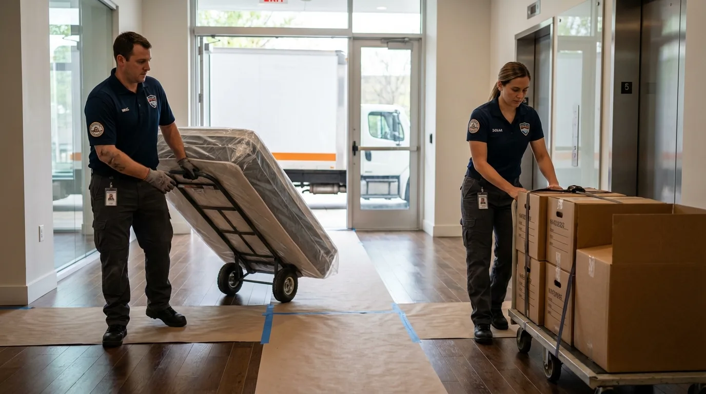 Professional apartment movers loading elevator in East Bridgewater, MA