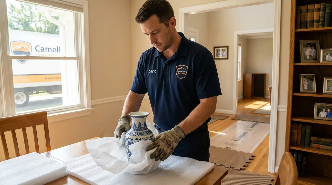 Professional crew carefully wrapping antique vase for senior downsizing move in East Bridgewater, MA