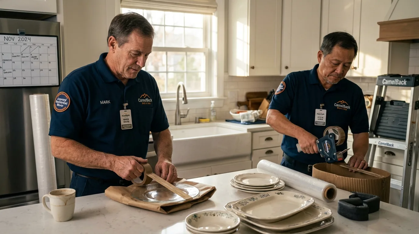 Professional crew packing kitchen dishware in East Bridgewater, MA